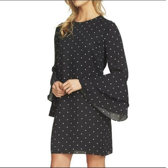 CeCe Bed of Roses Black Polka Dot Bell Sleeve Shift Mini Dress 2 - Picture 3 of 10